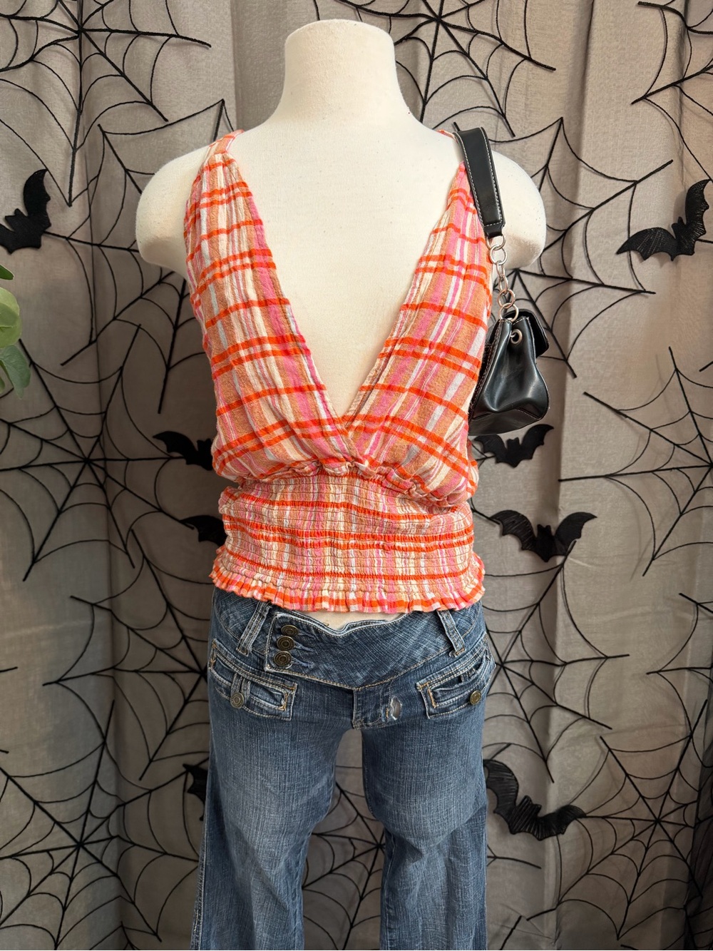 Pilcro Orange and Pink Checked Deep V Smocked Tank